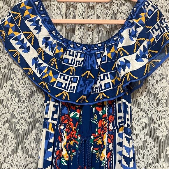 Anthroplogie Flying Tomato Blue Aztec Off the Shoulder Maxi Dress Size Small - Picture 2 of 7